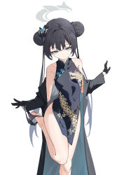 1girl absurdres bare_shoulders barefoot black_dress black_gloves black_hair black_jacket black_panties blue_archive bow bow_panties bun_with_braided_base butterfly_hair_ornament china_dress chinese_clothes collarbone commentary cowboy_shot double_bun dress expressionless feet gloves grey_eyes hair_bun hair_ornament halo highres hornesix jacket kisaki_(blue_archive) long_hair looking_at_viewer off_shoulder panties panties_around_one_ankle pelvic_curtain pinstripe_jacket pinstripe_pattern simple_background sleeveless sleeveless_dress soles standing standing_on_one_leg thighs toes twintails underwear undressing very_long_hair white_background