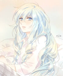 1boy alternate_costume blonde_hair blue_eyes blue_hair casual collared_shirt gradient_hair long_hair long_sleeves male_focus mizuhara_aki mole mole_under_eye multicolored_hair parted_lips pink_lips pink_shirt pisces_aphrodite ringlets saint_seiya shirt sitting solo trap two-tone_hair upper_body