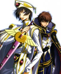 Rule 34 | 2boys, black hair, brown hair, cape, code geass, green eyes, hat, holding, holding sword, holding weapon, kururugi suzaku, lelouch vi britannia, multiple boys, purple eyes, skinny, sword, weapon, white background