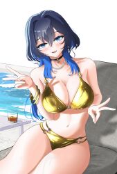 1girl absurdres aquaticlettuce bare_shoulders bikini black_hair blue_eyes blue_hair bracelet breasts cleavage collarbone colored_inner_hair drink gem gold_bikini gold_bracelet hair_between_eyes hair_intakes heart heart-shaped_gem highleg highleg_bikini highres hololive hololive_english jewelry large_breasts long_hair looking_at_viewer medium_hair multicolored_hair multiple_bracelets navel necklace o-ring o-ring_bikini open_mouth ouro_kronii outdoors pearl_necklace simple_background smile solo stomach string_bikini swimsuit thighs two-tone_hair virtual_youtuber white_background wolf_cut