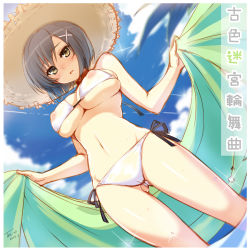 1girl artist_name bikini black_hair blush breasts copyright_name dated female_focus furuiro_meikyuu_rondo groin hat highres himeno_mihoshi holding large_breasts looking_at_viewer open_towel short_hair side-tie_bikini_bottom signature sketch solo standing straw_hat swimsuit tel-o text_focus towel translated yellow_eyes
