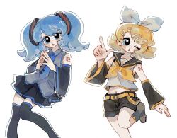 2girls arm_tattoo belt black_sailor_collar black_skirt blue_eyes blue_hair blush boots bow brown_shorts detached_sleeves dot_nose hair_bow hair_ornament hairpin hatsune_miku headset kagamine_rin long_sleeves looking_at_viewer makeup midriff multiple_girls navel neckerchief nose_blush number_tattoo one_eye_closed parted_lips pleated_skirt rouge_(makeup) sailor_collar shirt short_hair shorts shoulder_tattoo simple_background skirt suuroku tattoo vocaloid white_background white_bow wide_sleeves yellow_belt yellow_neckerchief yellow_trim