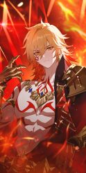1boy abs armlet armor bare_pectorals belt black_coat blonde_hair braid chest_tattoo clawed_gauntlets coat commentary crystal earrings facial_tattoo gold_armlet gold_earrings gold_necklace gradient_hair hair_between_eyes highres honkai:_star_rail honkai_(series) jewelry male_focus medium_hair multicolored_hair mydei_(honkai:_star_rail) necklace open_clothes open_coat pauldrons pectorals red_hair red_tattoo shoulder_armor side_braid single_pauldron solo tattoo toned toned_male upper_body woodsage88 yellow_eyes