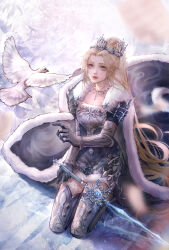 1girl absurdres armor armored_boots bird blonde_hair blue_cape blue_dress blue_eyes blue_gloves boots bracer cape character_request chinese_commentary commentary_request dove dress expressionless eyelashes eyeshadow faulds full_body fur-trimmed_cape fur-trimmed_dress fur_trim gloves grey_boots hair_spread_out highres indoors jewelry jiaopiupiu kneeling lipstick long_hair long_sleeves looking_at_animal makeup necklace nikki_(series) on_floor outstretched_hand parted_lips pink_eyeshadow ponytail red_lips reflective_floor shining_nikki short_dress silver_tiara snowflake_print snowflakes solo sparkle sword thick_eyebrows thigh_boots thighhighs tiara very_long_hair weapon white_thighhighs