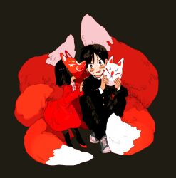 1boy 1girl black_hair brown_background brown_eyes child commentary_request dress fox_girl fox_mask fox_tail full_body gakuran hands_on_another&#039;s_shoulders holding holding_mask kitsune knees_up looking_at_viewer mask newo_(shinra-p) original red_dress school_uniform short_hair simple_background sitting tail