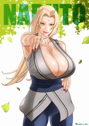 1girl absurdres armpits black_pants blonde_hair breasts brown_eyes cleavage collarbone copyright_name cowboy_shot facial_mark falling_leaves forehead_mark hand_on_own_hip highres large_breasts leaf long_hair looking_at_viewer low_twintails nail_polish naruto naruto_(series) pants parted_bangs pointing pointing_at_viewer red_nails saburo_des sanpaku sash sleeveless smile tsunade_(naruto) twintails twitter_username waist_sash white_background