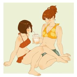 2girls 55bata6rou arm_support barefoot bikini black_hair blush bob_cut border breasts brown_eyes brown_hair cleavage closed_mouth cup disposable_cup drinking_straw frilled_bikini frills full_body hibike!_euphonium highres hisaishi_kanade holding holding_cup knees_together_feet_apart looking_at_another medium_breasts multiple_girls navel oumae_kumiko ponytail red_bikini short_hair simple_background sitting smile swimsuit white_border yellow_bikini
