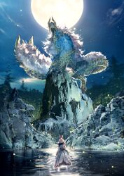 1girl dragon forest lake monster_hunter_(series) moon nature night standing sword touro wading weapon