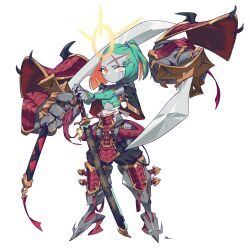 1girl absurdres aiming aiming_at_viewer aqua_hair armor bob_cut colored_inner_hair colored_skin cross_scar dot_nose dual_wielding facial_scar flat_chest floating_armor floating_arms glowing glowing_eye grey_skin hamma heterochromia high_ponytail highres holding holding_sword holding_weapon huge_weapon japanese_armor leaning_on_weapon looking_at_viewer mecha_musume mint_star_(hamma) multicolored_eyes multicolored_hair orange_hair original pointing_melee_weapon pointing_sword ponytail scar scar_across_eye scar_on_cheek scar_on_face scar_on_forehead sideways_glance sigil signature simple_background solo sword symbol_in_eye weapon white_background