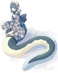 1girl 4138 apron eel eel_girl female_focus fins grey_hair head_fins japanese_clothes kimono maid_apron maid_headdress mermaid monster_girl original simple_background sitting solo webbed_hands white_background