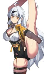 Rule 34 | 1girl, absurdres, ahoge, bare legs, black shorts, breasts, cleavage, high-waist shorts, highres, hinghoi, large breasts, standing split, leg up, long hair, looking at viewer, short shorts, shorts, simple background, solo, standing, standing on one leg, thigh strap, thighs, very long hair, white background, white hair, yellow eyes, yi xuan (zenless zone zero), zenless zone zero