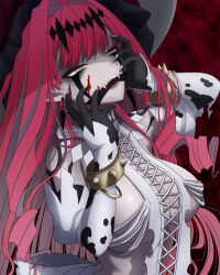 1girl baobhan_sith_(fate) baobhan_sith_(third_ascension)_(fate) black_hands blood blood_on_face bracelet breasts colored_extremities cross-laced_clothes cross-laced_dress detached_sleeves dress facial_mark fangs fate/grand_order fate_(series) frilled_hat frills gag grey_eyes hands_on_own_face hands_up hasebe_akira hat highres jewelry large_breasts long_hair pink_hair pointy_ears sidelocks smug solo spiked_bracelet spikes white_dress
