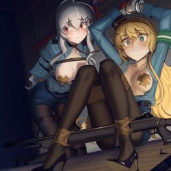 absurdres ahoge arms_behind_back arms_up bdsm black_pantyhose blonde_hair blue_shirt blush bondage bound breasts breasts_out cad_(caddo) chain chain_leash collar covered_erect_nipples crotch_rope cuffs epaulettes fabarm_sat-8 gag garter_belt girls&#039;_frontline green_eyes grey_hair gun handcuffs high_heels highres iws_2000_(girls&#039;_frontline) leash long_hair looking_down looking_to_the_side medium_breasts pantyhose pasties patent_heels pencil_skirt police police_uniform policewoman pumps red_eyes s.a.t.8_(girls&#039;_frontline) shibari shibari_over_clothes shirt shoes sitting skirt slave spreader_bar stiletto_heels thigh_gap unbuttoned unbuttoned_shirt very_long_hair weapon weapon_request