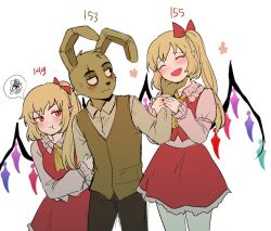 1boy 2girls animal_ears animal_nose annoyed ascot black_eyes black_pants blonde_hair blush bow brown_fur brown_vest closed_eyes closed_mouth collared_shirt cowboy_shot crossover crystal_wings dress dual_persona fangs five_nights_at_freddy&#039;s flandre_scarlet flower frills furry furry_male hair_bow half-closed_eyes hand_on_another&#039;s_face hands_up hetero himuhino juliet_sleeves long_hair long_sleeves looking_at_another multicolored_wings multiple_girls nail_polish necktie no_headwear one_side_up open_mouth pants pantyhose pinafore_dress pink_dress pointy_ears puffy_long_sleeves puffy_sleeves rabbit_boy rabbit_ears red_bow red_dress red_nails red_skirt red_vest scar scar_across_eye scar_on_face shirt simple_background skirt skirt_set sleeveless sleeveless_dress smile spoken_squiggle springtrap squiggle standing sweatdrop touhou v-shaped_eyebrows vest white_background white_pantyhose white_shirt wings yellow_ascot yellow_necktie