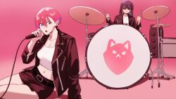 Rule 34 | 2girls, absurdres, amate yuzuriha, apt. (rose &amp; bruno mars), black jacket, black skirt, blue eyes, drum, drum set, drumsticks, earrings, gundam, gundam gquuuuuux, highres, holding, holding drumsticks, holding microphone, instrument, jacket, jewelry, long hair, looking at viewer, microphone, midriff, miniskirt, multiple girls, music, nyaan (gundam gquuuuuux), open mouth, otakulifewow, pink background, playing drum, purple hair, red hair, shirt, short hair, singing, skirt, stud earrings, sunglasses, white shirt