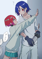1boy 1girl ? amate_yuzuriha aqua_eyes blue_hair blush collared_shirt colored_inner_hair gloves gundam gundam_gquuuuuux haro height_difference hetero highres holding_spray_can kabedon long_sleeves looking_at_another multicolored_hair necktie non-humanoid_robot o6nuqm profile purple_hair red_eyes red_hair robot school_uniform shirt short_hair shuji_ito skirt speech_bubble sweater trembling two-tone_hair white_shirt