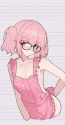 Rule 34 | 1girl, apron, blush, breasts, chinese commentary, closed mouth, collarbone, commentary request, girls band cry, glasses, grey eyes, highres, hina (girls band cry), medium breasts, naked apron, pink apron, pink hair, short hair, short twintails, solo, twintails, yun cao bing