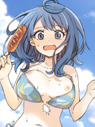 1girl ahoge bikini blue_bikini blue_eyes blue_hair blue_sky blush breast_slip breasts commentary_request food fukaku-tei highres holding holding_food hot_dog make_heroine_ga_oo_sugiru! medium_breasts medium_hair navel nipples open_mouth side-tie_bikini_bottom sky solo swimsuit upper_body w_arms wardrobe_malfunction yanami_anna