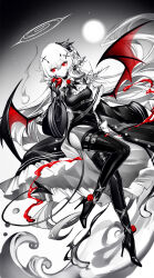 1girl apple belt boots dress food fruit halo high_heel_boots high_heels highres holding holding_food holding_fruit limited_palette long_sleeves original pointy_ears red_eyes sheya solo spot_color thigh_belt thigh_strap wings