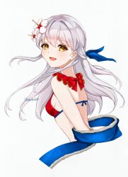 1girl :d back bikini breasts commentary fire_emblem fire_emblem:_radiant_dawn fire_emblem_heroes flower from_side grey_hair hair_flower hair_ornament hakutou2020 highres long_hair looking_at_viewer micaiah_(fire_emblem) micaiah_(wavecrest_maiden)_(fire_emblem) nintendo official_alternate_costume open_mouth red_bikini ribbon simple_background small_breasts smile solo swimsuit symbol-only_commentary twitter_username upper_body white_background yellow_eyes
