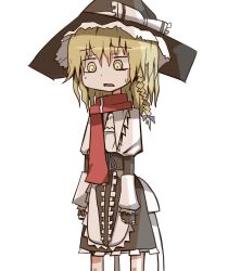 1girl ayuki_(47881314) bags_under_eyes black_gloves black_hat black_skirt blonde_hair bow braid commentary_request cookie_(touhou) cowboy_shot flat_chest frilled_skirt frills gloves hair_bow hat highres kirisame_marisa mars_(cookie) medium_hair messy_hair open_mouth partially_fingerless_gloves red_scarf ringed_eyes scarf shirt side_braid simple_background single_braid skirt solo touhou transparent_background white_shirt witch_hat yellow_eyes