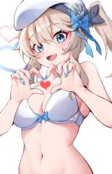 1girl :d absurdres bare_shoulders beret blonde_hair blue_bow blue_eyes blue_nails bow bra breasts cleavage girls&#039;_frontline girls&#039;_frontline_2:_exilium hat heart heart_hands highres long_hair looking_at_viewer navel noa_(noa01010) open_mouth side_ponytail simple_background smile solo stomach underwear upper_body vepley_(girls&#039;_frontline_2) white_background white_bra white_hat