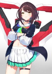 1girl absurdres ascot baffu black_choker black_hair blue_jacket blush choker closed_mouth collarbone commentary crossed_arms female_focus floating floating_object gradient_ascot gradient_background gundam gundam_astray_red_frame gundam_seed gundam_seed_astray highres jacket legband long_sleeves looking_at_viewer miniskirt multicolored_ascot navel pictoria pleated_skirt rainbow_neckwear short_hair skirt smile solo tactical_arms_ii_l thigh_strap thighs towa_kiseki triangle virtual_youtuber weapon white_background white_skirt yellow_eyes