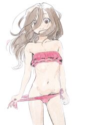 1girl bikini brown_eyes brown_hair butterchalk doodle female_focus flat_chest highres karakai_jouzu_no_takagi-san legs loli long_hair looking_at_viewer navel side-tie_bikini_bottom smile solo standing stomach swimsuit takagi-san thighs untied_bikini_bottom white_background