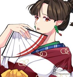 Rule 34 | 1girl, absurdres, blunt bangs, brown hair, earrings, eyeshadow, folding fan, hand fan, highres, holding, holding fan, instagram username, inuyasha, japanese clothes, jewelry, kagura (inuyasha), kimono, looking at viewer, makeup, parted bangs, parted lips, pointy ears, ponytail, purple eyeshadow, red eyes, red lips, solo, striped clothes, striped kimono, tiroma, twitter username, upper body, white background