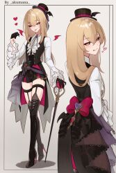1boy :p :q absurdres akumana artist_name black_boots black_choker black_gloves black_hat black_sclera black_shorts black_vest blonde_hair blush boots bow brown_thighhighs choker colored_sclera commission frilled_sleeves frills garter_straps gem gloves hair_between_eyes half_gloves hat heart high_heel_boots high_heels highres lace lace-trimmed_thighhighs lace_choker lace_trim light_smile long_hair looking_at_viewer looking_back mini_wings multiple_views original ouji_fashion pixiv_commission purple_gemstone red_bow shirt short_shorts shorts showgirl_skirt skindentation staff thigh_boots thigh_strap thighhighs thighhighs_under_boots tongue tongue_out trap turnaround vampire vest white_shirt wing_collar wings yellow_eyes