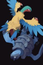 animal_focus archeops black_background black_eyes carracosta claws closed_mouth creatures_(company) fang fang_out game_freak gen_5_pokemon highres mokuzou_(moku_ssbu) nintendo no_humans pokemon pokemon_(creature) signature simple_background