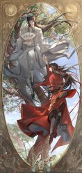 2boys absurdres bishounen black_eyes black_hair black_hat black_pants black_shoes blue_sky branch brown_hair chinese_clothes chinese_commentary chinese_text closed_mouth cloud coat coin coin_sword dao_gui_yi_xian day floating floating_clothes floating_hair flower folding_fan full_body grass hair_ribbon half_updo hand_fan hand_fan_writing hanfu hat hat_ribbon highres holding holding_fan holding_hands holding_sword holding_weapon holed_coin jade_(gemstone) jin_(headwear) leaf leg_wrap li_huowang long_hair long_sleeves looking_at_another male_focus multiple_boys outdoors pants paper_fan pink_flower ponytail profile red_coat red_eyes red_ribbon red_robe ribbon robe shoes sky smile string string_of_fate sword tassel tree very_long_hair weapon white_coat white_hanfu white_robe wide_sleeves wo_zhen_fule yaoi yaopei zhouzi_jin_(headwear) zhuge_yuan