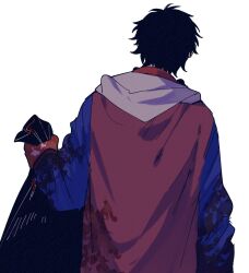 1boy bag black_hair blood blood_on_clothes blood_on_hands blue_jacket commentary_request facing_away from_behind headphones headphones_around_neck highres holding holding_bag hood hood_down hoodie hypnosis_mic jacket jacket_over_hoodie long_sleeves male_focus multicolored_jacket red_jacket short_hair simple_background solo trash_bag two-tone_jacket upper_body urata_(kogasitata) white_background white_hoodie yamada_ichiro
