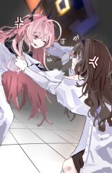 +++ 2girls anger_vein angry arknights black_eyes black_horns brown_hair chinese_commentary clenched_teeth commentary_request dress eye_contact face-to-face fighting frown glaring grabbing_another&#039;s_hair grimace hair_between_eyes hair_intakes highres horns hwww=3 leaning long_hair long_sleeves looking_at_another multiple_girls one_eye_closed open_mouth pink_eyes pink_hair priestess_(arknights) profile sketch standing teeth theresa_(arknights) violence white_dress