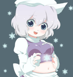 1girl bad_id bad_pixiv_id blue_eyes breasts female_focus hat ica letty_whiterock midriff purple_hair short_hair simple_background snowflakes solo touhou