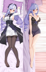 1girl ahoge bare_legs barefoot bed_sheet black_bow black_bowtie black_dress black_nails black_skirt blush bow bowtie breasts brooch center_frills dress frilled_sleeves frills grey_hair high-waist_skirt highres jewelry kurisu-kun long_hair long_sleeves looking_at_viewer lying mole mole_under_eye multicolored_hair multiple_views nail_polish no_shoes on_back panties pantyhose parted_lips pillow pointy_ears purple_hair red_eyes see-through_clothes sideboob sideboob_cutout skirt strap_slip streaked_hair toenail_polish toenails underwear very_long_hair vivian_banshee white_dress white_hair zenless_zone_zero