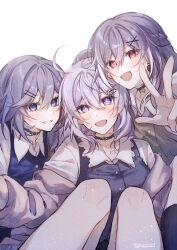 3girls absurdres blue_choker blue_eyes blue_vest bobby_pin braid choker commentary_request fu_hua grey_hair hair_between_eyes hair_ornament hairclip half_up_braid herrscher_of_sentience high_ponytail highres honkai_(series) honkai_impact_3rd kiana_kaslana kiana_kaslana_(herrscher_of_finality) knees_up long_hair long_sleeves looking_at_viewer multiple_girls open_mouth ponytail purple_eyes red_eyes rino_ebe selfie shirt smile vest w white_shirt