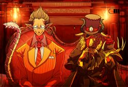 Rule 34 | 2boys, black hair, dark-skinned male, dark skin, demiurge (overlord), demon boy, demon tail, formal clothes, glasses, goat boy, goat horns, hair slicked back, horns, mashur00m, multiple boys, overlord (maruyama), pointy ears, red suit, sitting, suit, tail, ulbert alain odle