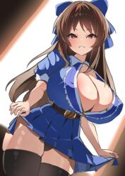 1girl aged_up areola_slip belt black_hair black_panties blue_dress blush bow breasts brown_eyes brown_hair covered_erect_nipples dress grin hair_bow highres idolmaster idolmaster_cinderella_girls idolmaster_cinderella_girls_starlight_stage large_breasts looking_at_viewer panties satoyama_meu short_sleeves sidelocks smile solo tachibana_arisu underwear