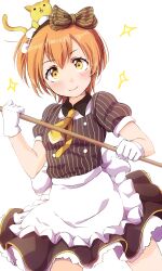 Rule 34 | 1girl, animal, animal on head, apron, black dress, blush, bow, cat, cat on head, closed mouth, cowboy shot, dress, gloves, hair bow, highres, holding, holding stick, hoshizora rin, looking at viewer, love live!, love live! school idol project, maid, maid headdress, necktie, on head, orange hair, puffy short sleeves, puffy sleeves, sen (sen0910), short hair, short sleeves, simple background, smile, solo, sparkle, standing, stick, striped bow, striped clothes, striped dress, vertical-striped clothes, vertical-striped dress, waist apron, white apron, white background, white gloves, yellow eyes, yellow necktie