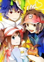 Rule 34 | 10s, 1girl, 2boys, bad id, bad pixiv id, blue eyes, blue hair, bow, brown eyes, brown hair, double bun, fingerless gloves, gen 5 pokemon, gloves, hair bun, heart, heart of string, hugh (pokemon), jacket, long hair, looking at viewer, multiple boys, nate (pokemon), nintendo, oshawott, pokemon, pokemon (creature), pokemon bw2, red eyes, rosa (pokemon), short hair, smile, snivy, spiked hair, starter pokemon trio, tepig, twintails, visor cap, xxxceller, yellow background