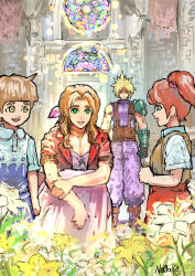 aerith_gainsborough aqua_shirt armor armored_gloves belt blonde_hair blue_eyes brown_belt brown_eyes brown_hair brown_vest child choker church cloud_strife collared_shirt dress final_fantasy final_fantasy_vii final_fantasy_vii_rebirth final_fantasy_vii_remake flower flower_bed flower_choker green_eyes hair_ribbon highres indoors jacket lily_(flower) long_dress long_hair looking_at_another naga160oji pants parted_bangs parted_lips pauldrons pink_dress pink_ribbon purple_pants purple_shirt red_jacket red_skirt ribbon shaded_face shirt short_hair shoulder_armor sidelocks single_bare_shoulder single_pauldron sketch skirt smile spiked_hair squatting stained_glass suspenders twintails vest yellow_flower