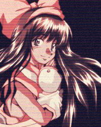1990s_(style) 1girl ainu_clothes black_hair blush brown_eyes fingerless_gloves gloves hair_ribbon hand_on_own_chin highres long_hair looking_at_viewer nakoruru retro_artstyle ribbon samurai_spirits smile snk solo the_king_of_fighters very_long_hair