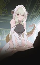 1boy 1girl absurdres bare_shoulders blush breasts broken_horn chandelier closed_mouth copyright_request cowgirl_position girl_on_top green_eyes green_hair hetero highres horns indoors jin_rou long_sleeves lying medium_breasts no_panties on_back short_hair smile solo_focus spread_legs straddling tail thighhighs veil white_thighhighs