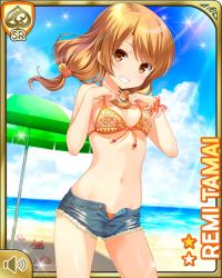 1girl beach bikini bikini_top_only blue_sky brown_eyes brown_hair card_(medium) character_name closed_mouth cowboy_shot day denim denim_shorts floating_hair girlfriend_(kari) grin legs_apart looking_at_viewer low_twintails navel ocean official_art orange_bikini outdoors qp:flapper sand short_shorts shorts sky smile solo standing swimsuit tamai_remi teeth thighs twintails water