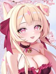 1girl 2025 animal_ear_fluff animal_ears artist_name asymmetrical_ears bell black_choker blonde_hair blush bow breasts cherry_blossoms choker cleavage dog_ears dog_girl falling_petals hair_ribbon heart heart_o-ring highres hoshimurii indie_virtual_youtuber long_hair multicolored_hair neck_bell o-ring open_mouth paw_print petals pink_bow pink_eyes pink_petals purple_ribbon ribbon shadow solo streaked_hair tenshina_(vtuber) upper_body virtual_youtuber