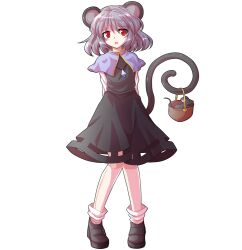 1girl alphes_(style) animal_ears arm_at_side basket black_dress blue_capelet capelet commentary_request dairi dress full_body grey_hair holding holding_with_tail jewelry large_variant_set long_sleeves looking_at_viewer mouse_(animal) mouse_ears mouse_tail nazrin necklace open_mouth parody pendant prehensile_tail red_eyes short_hair solo style_parody tachi-e tail touhou transparent_background variant_set