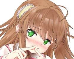 1girl ahoge blush braid brown_hair closed_mouth dress eyes_visible_through_hair floating_hair flower furrowed_brow green_eyes hair_between_eyes hair_flower hair_ornament hands_up highres kanbe_kotori kazamatsuri_institute_high_school_uniform long_hair looking_at_viewer miraikanai nose_blush pink_flower portrait pout rewrite school_uniform simple_background solo twin_braids white_background white_dress x_fingers