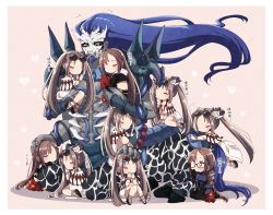 Rule 34 | 6+girls, absurdres, black dress, blue bodysuit, blue hair, bodysuit, bodysuit under clothes, border, braid, brown hair, carrying, centaur, chibi, chibi inset, closed eyes, commentary request, dress, extra arms, eyewear on head, facial hair, fate/grand order, fate (series), goatee, headpat, heart, height difference, highres, long braid, long hair, multiple girls, multiple persona, pink background, seeds328, single braid, sparkling eyes, sunglasses, taur, translation request, twintails, very long hair, white border, xiang yu (fate), yellow eyes, yu mei-ren (fate), yu mei-ren (first ascension) (fate), yu mei-ren (second ascension) (fate), yu mei-ren (swimsuit lancer) (fate), yu mei-ren (third ascension) (fate)