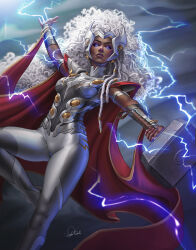 1girl alternate_costume blue_eyes bodysuit curly_hair douglas_bicalho electricity glowing glowing_eyes highres long_hair looking_at_viewer marvel solo storm_(x-men) white_bodysuit white_hair x-men